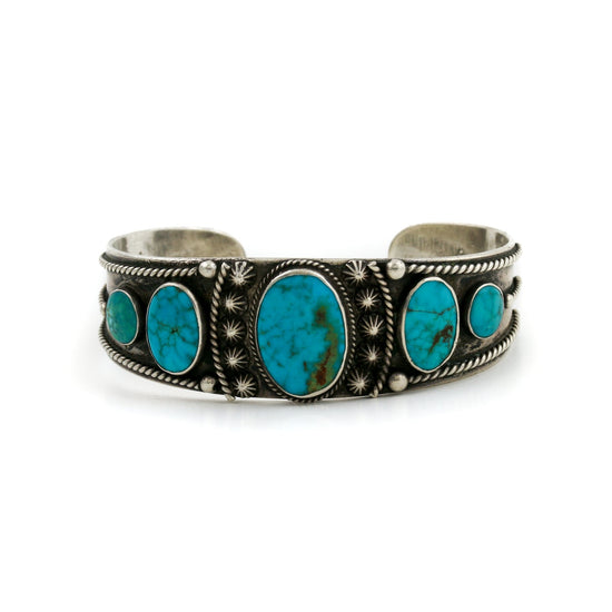 Antique 1950's Navajo Row Cuff x Blue Gem Turquoise - Kingdom Jewelry