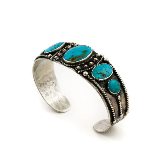 Antique 1950's Navajo Row Cuff x Blue Gem Turquoise - Kingdom Jewelry