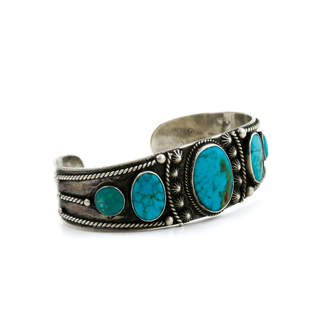 Antique 1950's Navajo Row Cuff x Blue Gem Turquoise - Kingdom Jewelry