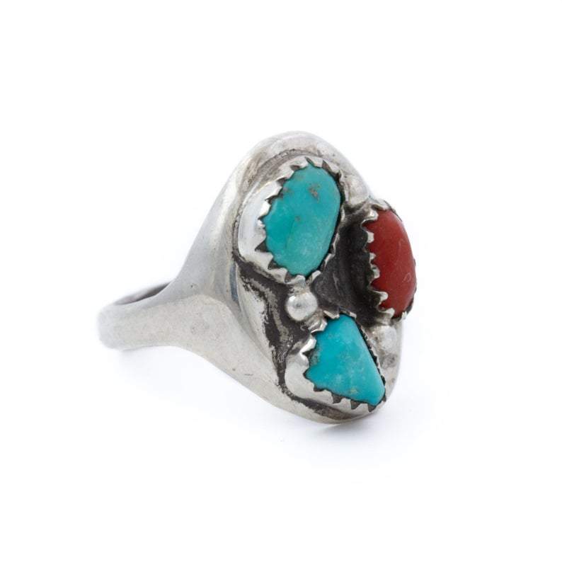 Blue Turquoise x Red Coral Navajo Ring - Kingdom Jewelry