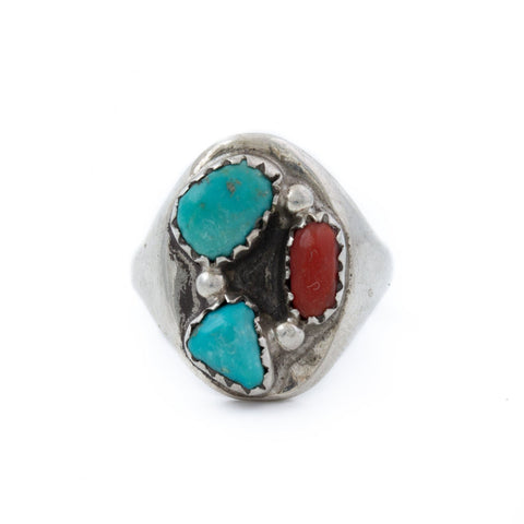 Blue Turquoise x Red Coral Navajo Ring - Kingdom Jewelry