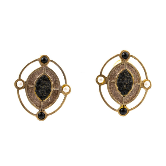 Brass Black Stone & Pearl Earrings - Kingdom Jewelry