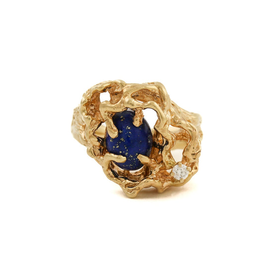 Brutalist 14 K Gold x Lapis & Diamond "Nest Egg" Ring - Kingdom Jewelry