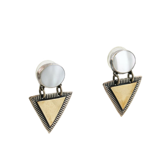 Dual Tone Triangular Brass x Silver Pearl Earrings - Kingdom Jewelry