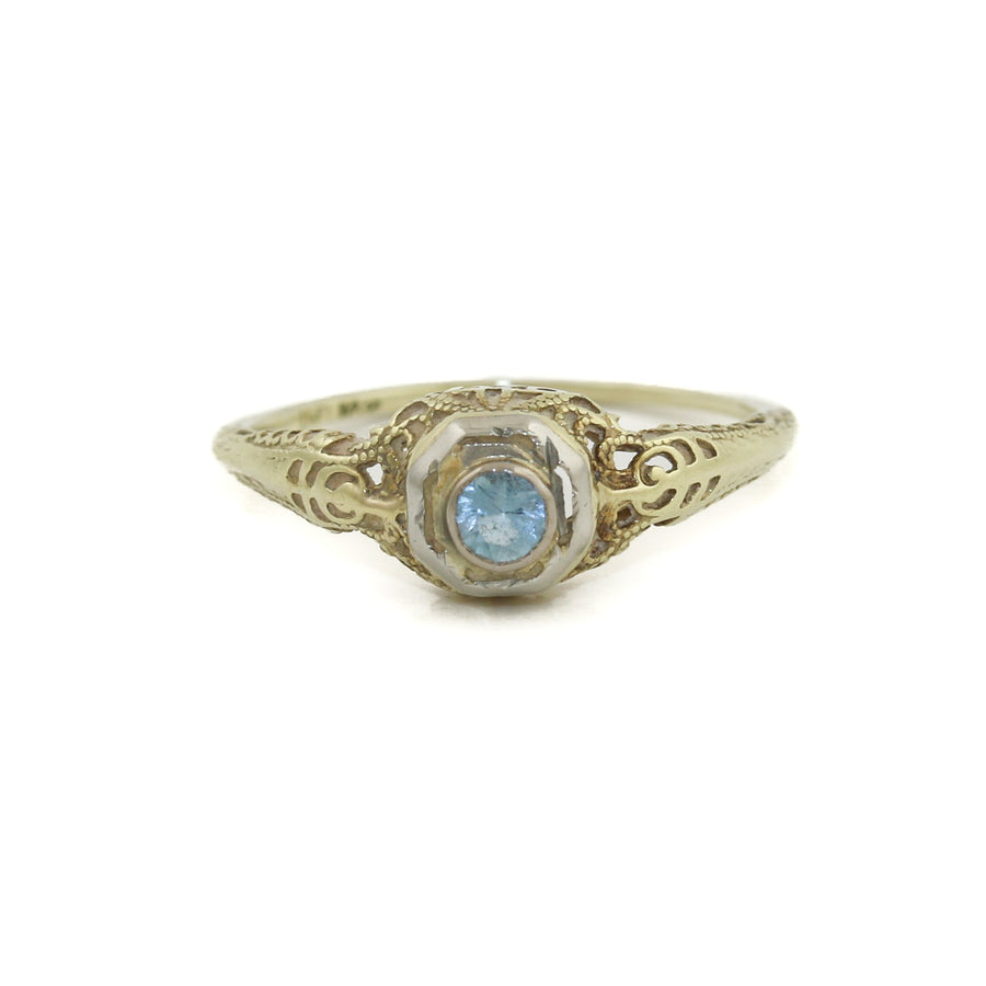 Edwardian 10 K Gold x Aquamarine Filigree Ring - Kingdom Jewelry