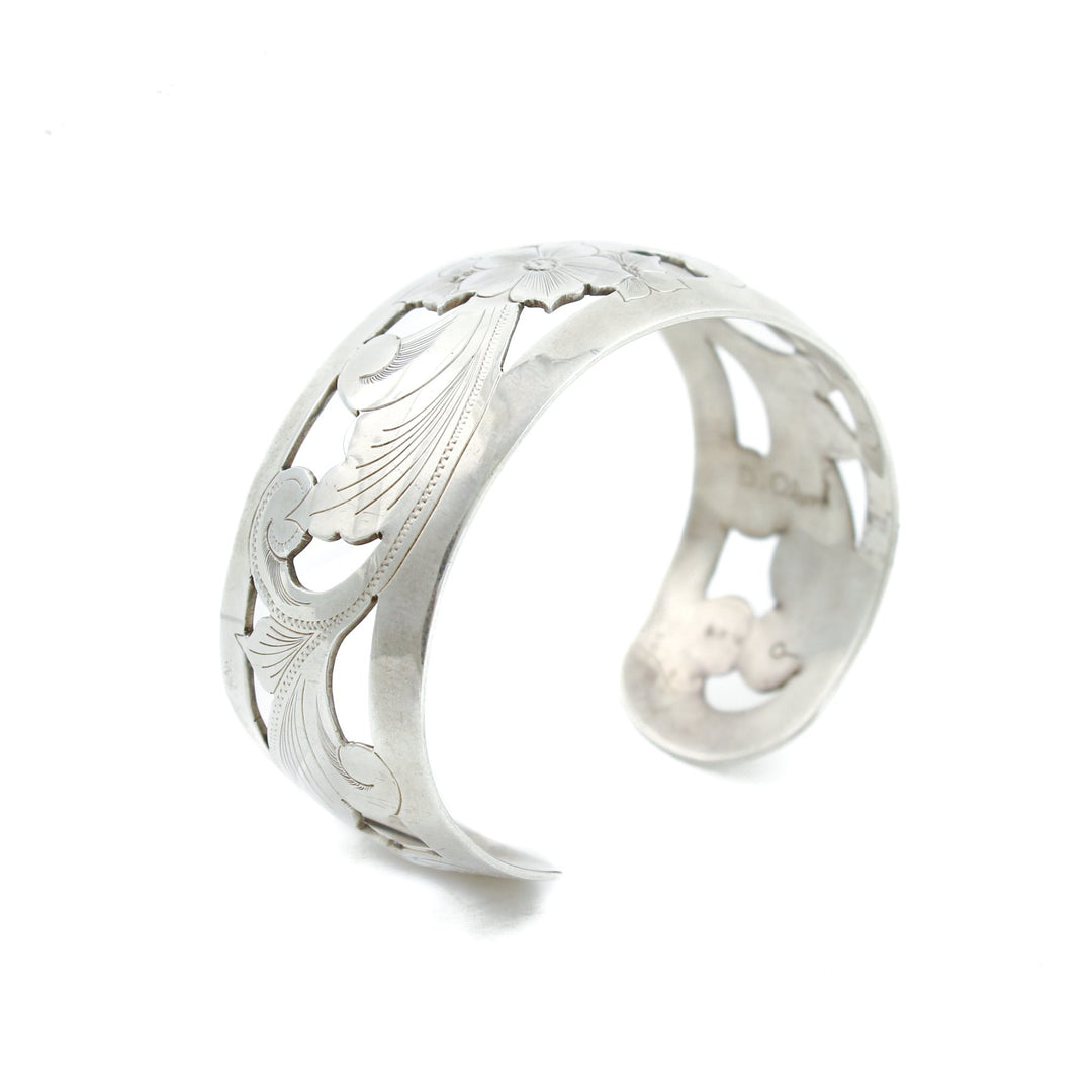 Floral Silver "D. Olson" Scandinavian Cuff Bracelet - Kingdom Jewelry