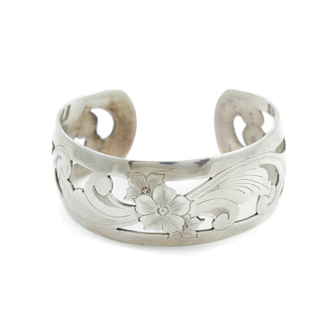 Floral Silver "D. Olson" Scandinavian Cuff Bracelet - Kingdom Jewelry