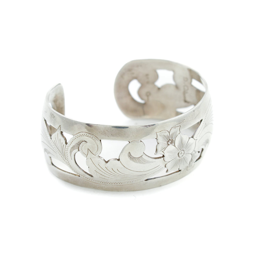 Floral Silver "D. Olson" Scandinavian Cuff Bracelet - Kingdom Jewelry