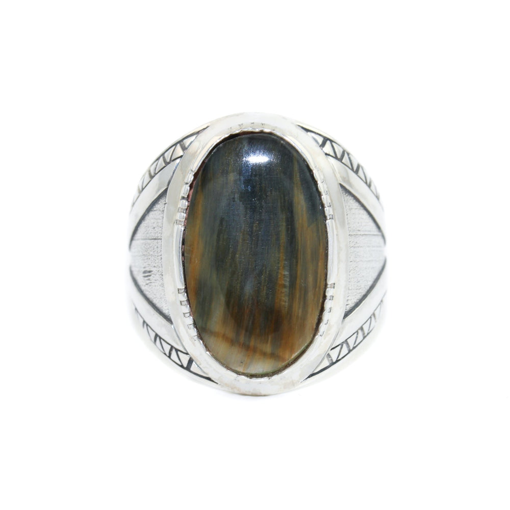 Geometric "Lambda Λ" Ring x Blue Tiger's Eye by Kingdom - Kingdom Jewelry