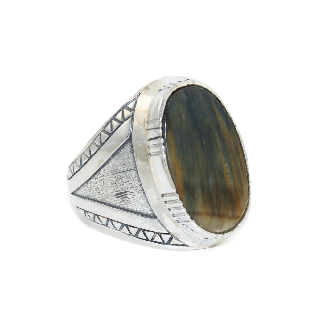 Geometric "Lambda Λ" Ring x Blue Tiger's Eye by Kingdom - Kingdom Jewelry