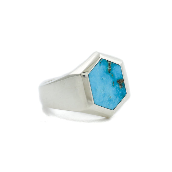 Hex-Cut Blue Ridge Turquoise Silver Signet Ring - Kingdom Jewelry