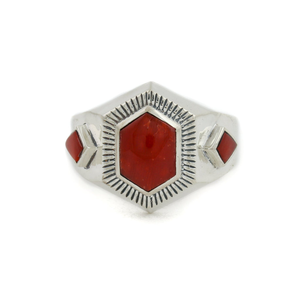 
                      
                        Hex-Cut Red Coral Silver Inlay Ring - Kingdom Jewelry
                      
                    