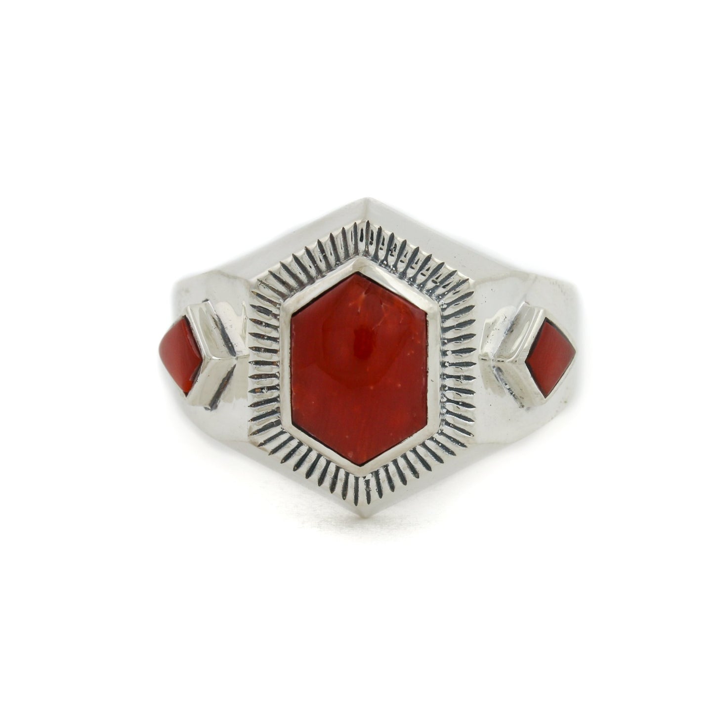 Hex-Cut Red Coral Silver Inlay Ring - Kingdom Jewelry