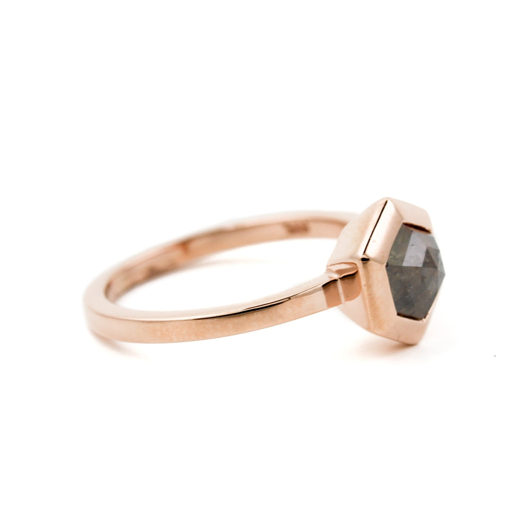 Hexagonal Cut Salt And Pepper Diamond Ring in 14K Gold - Kingdom Jewelry