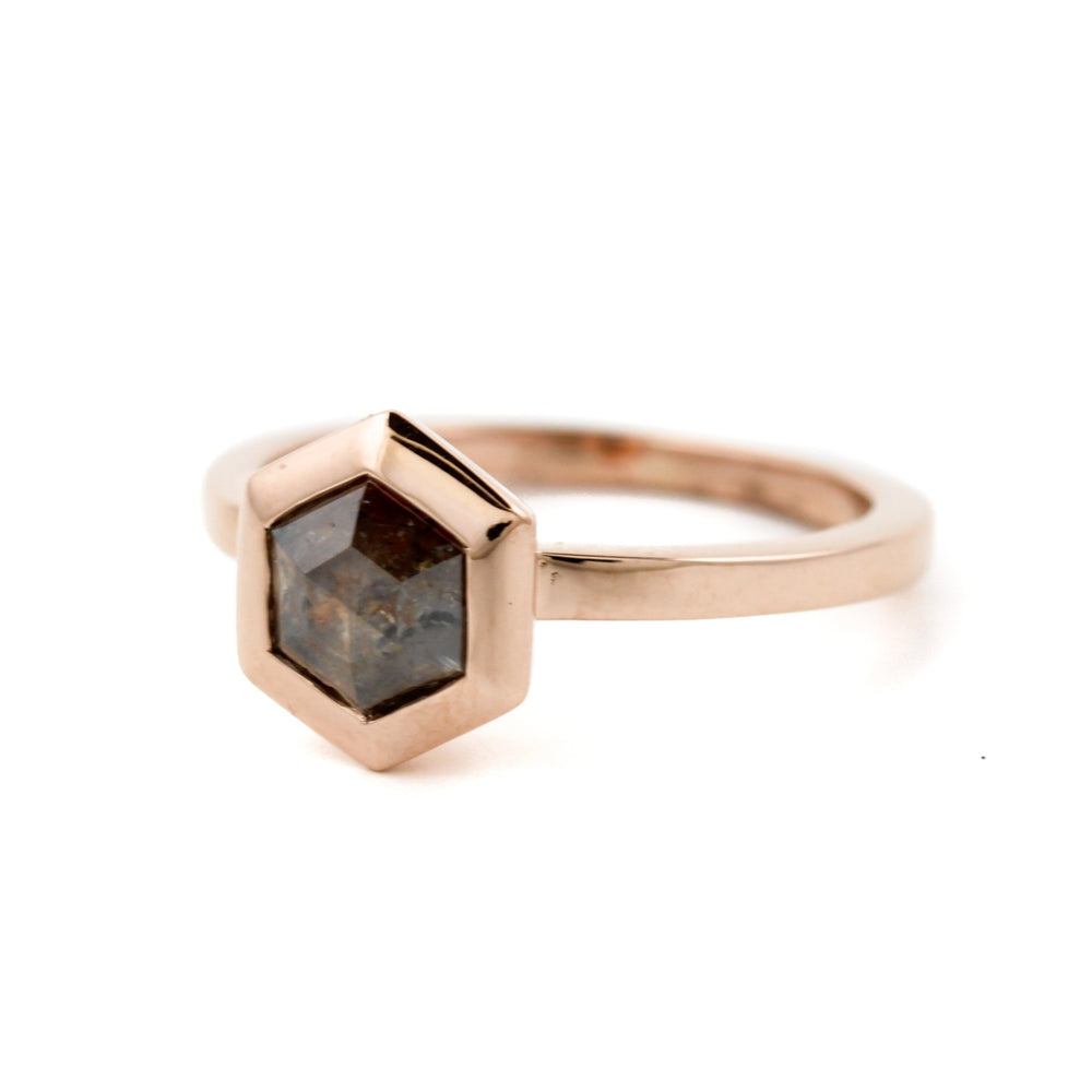 Hexagonal Cut Salt And Pepper Diamond Ring in 14K Gold - Kingdom Jewelry