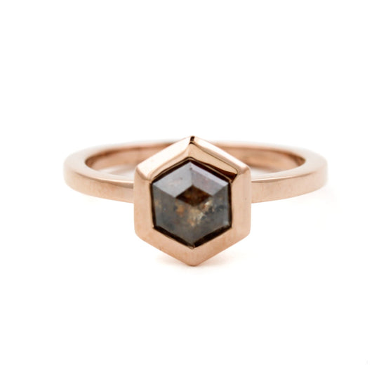 Hexagonal Cut Salt And Pepper Diamond Ring in 14K Gold - Kingdom Jewelry