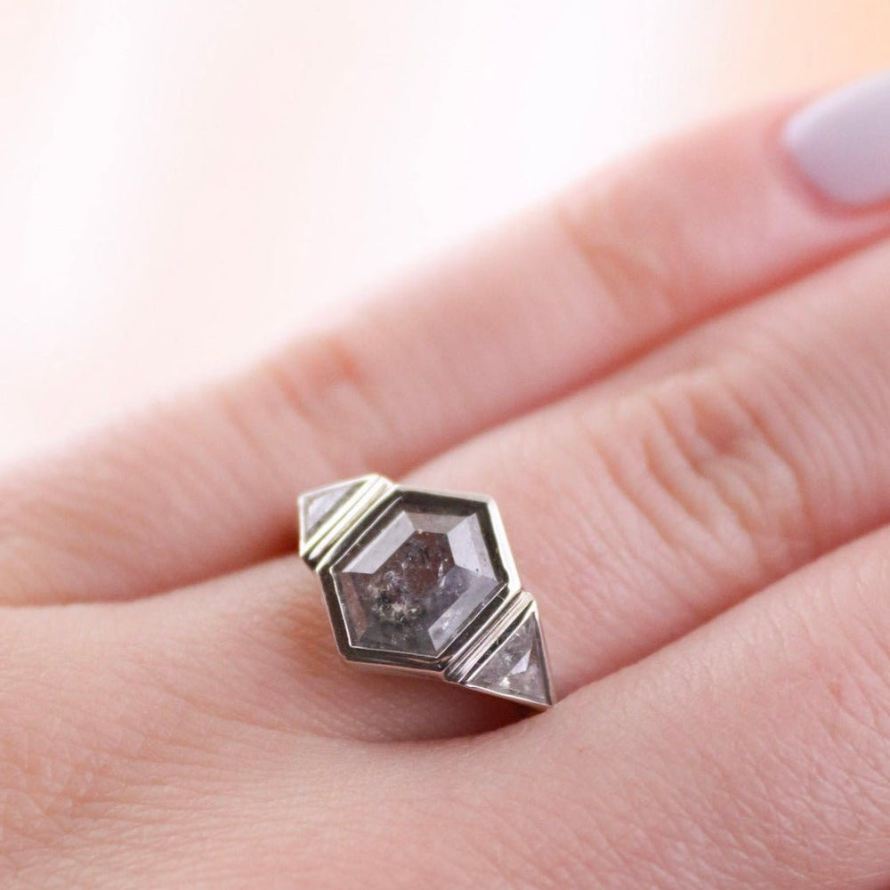 
                      
                        Hexagonal Salt and Pepper Diamond Ring - Kingdom Jewelry
                      
                    