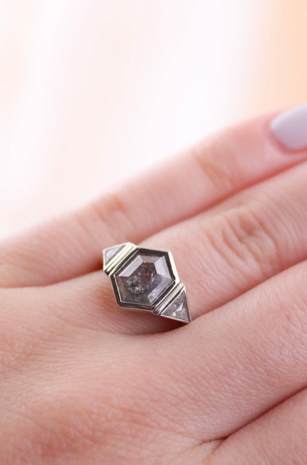 Hexagonal Salt and Pepper Diamond Ring - Kingdom Jewelry