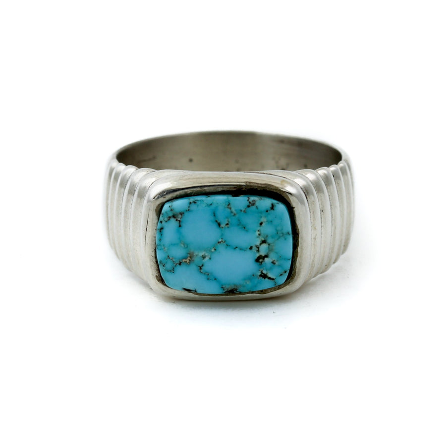 Kingman Turquoise Ridged Inlay Signet - Kingdom Jewelry