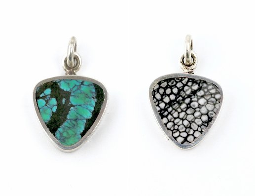 Modern Double-Sided Triangular Pendant w/ Spiderweb Tibetan Turquoise & Fossilized Stingray Coral - Kingdom Jewelry