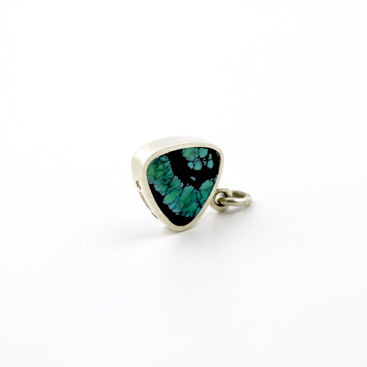 Modern Double-Sided Triangular Pendant w/ Spiderweb Tibetan Turquoise & Fossilized Stingray Coral - Kingdom Jewelry