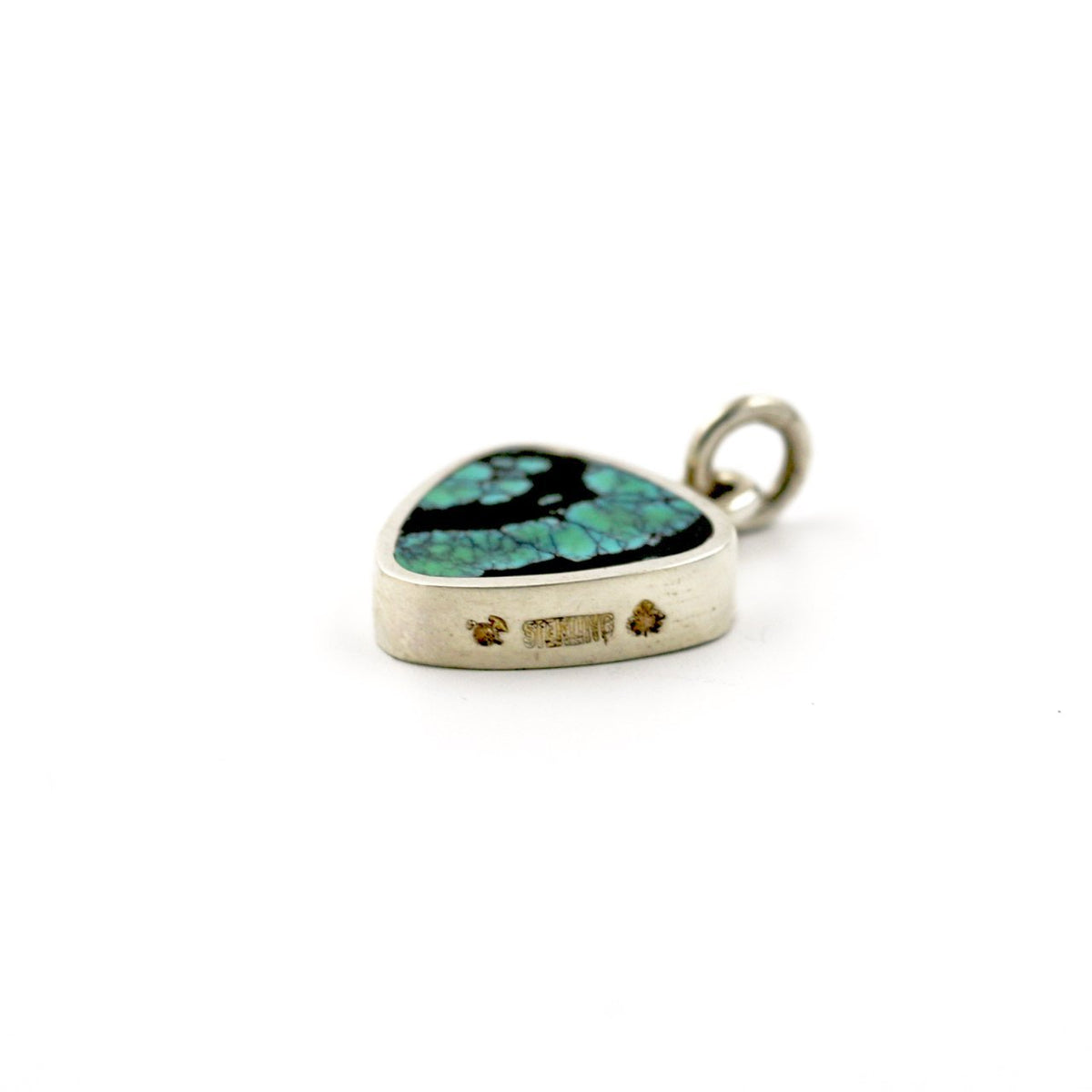 Modern Double-Sided Triangular Pendant w/ Spiderweb Tibetan Turquoise & Fossilized Stingray Coral - Kingdom Jewelry