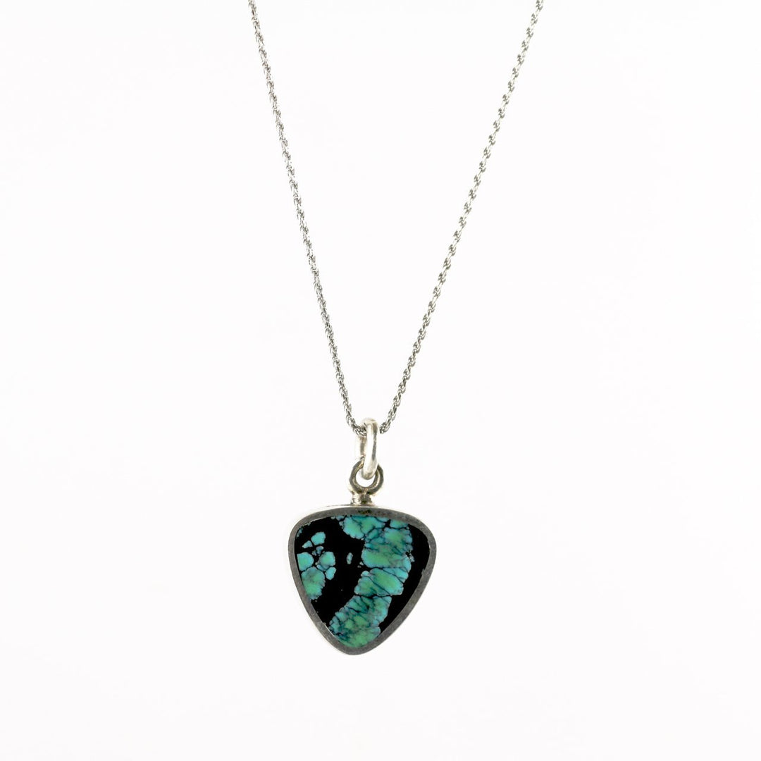 Modern Double-Sided Triangular Pendant w/ Spiderweb Tibetan Turquoise & Fossilized Stingray Coral - Kingdom Jewelry