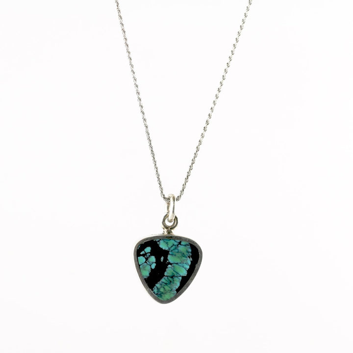 Modern Double-Sided Triangular Pendant w/ Spiderweb Tibetan Turquoise & Fossilized Stingray Coral - Kingdom Jewelry