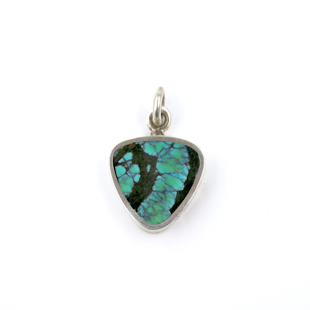 Modern Double-Sided Triangular Pendant w/ Spiderweb Tibetan Turquoise & Fossilized Stingray Coral - Kingdom Jewelry