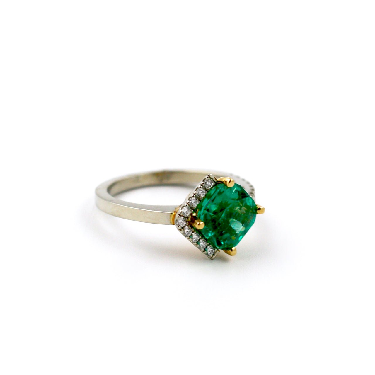 Radiant-Cut 14 KT White Gold Emerald x Pave Diamond Ring - Kingdom Jewelry