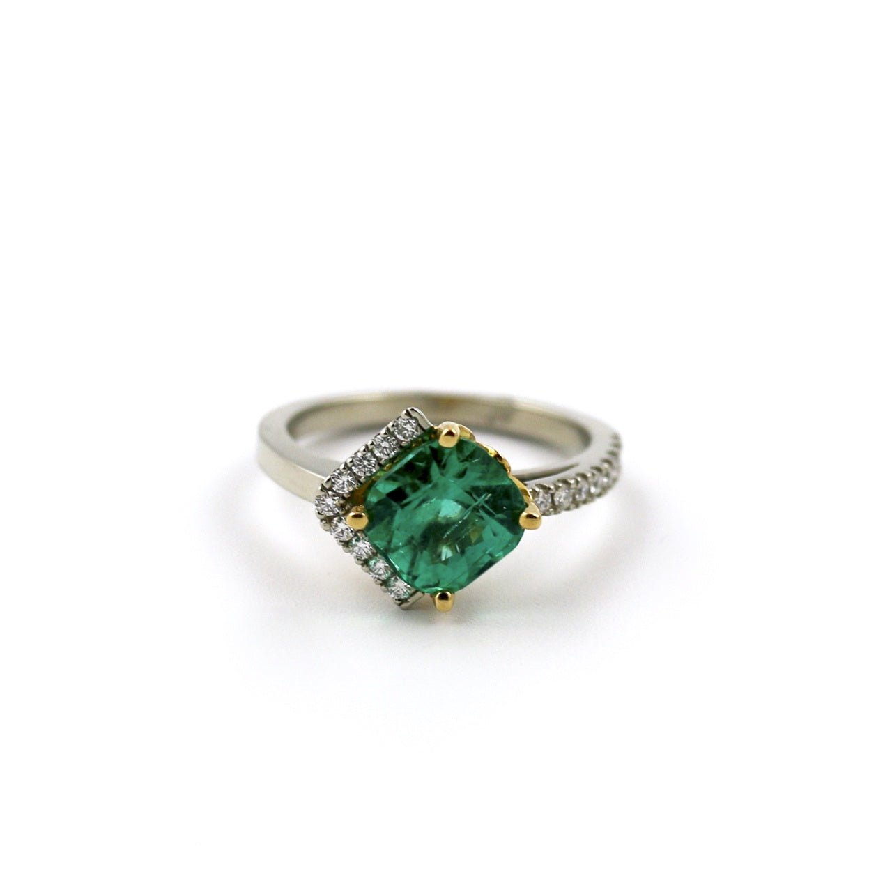 Radiant-Cut 14 KT White Gold Emerald x Pave Diamond Ring - Kingdom Jewelry