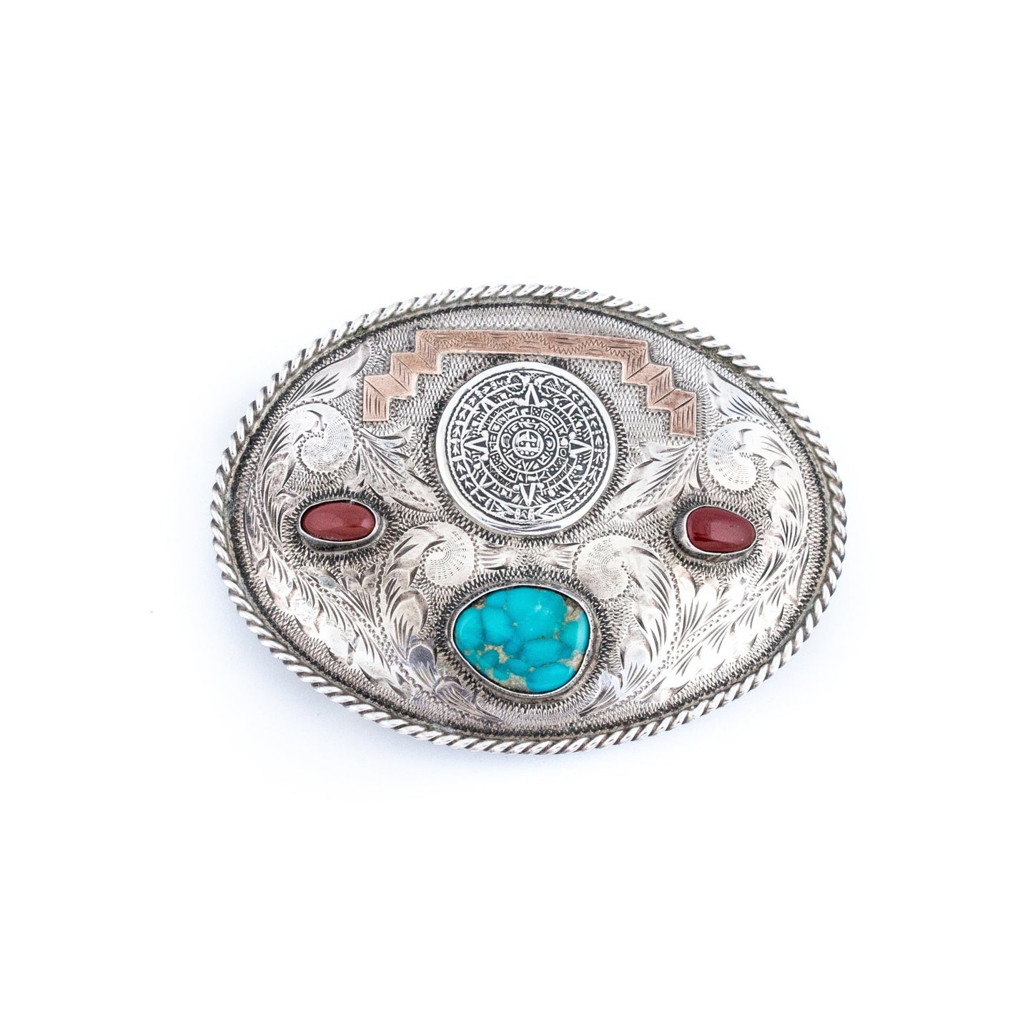Red Coral & Turquoise Mayan Calendar Taxco Belt Buckle - Kingdom Jewelry