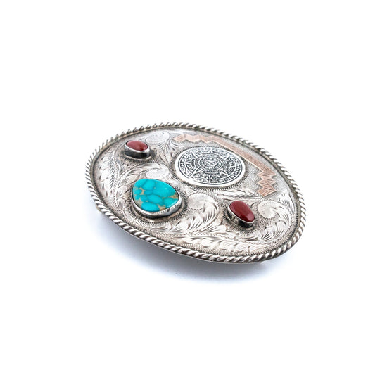 Red Coral & Turquoise Mayan Calendar Taxco Belt Buckle - Kingdom Jewelry