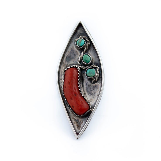 Rustic Old Pawn Green Turquoise & Red Coral Navajo Ring - Kingdom Jewelry
