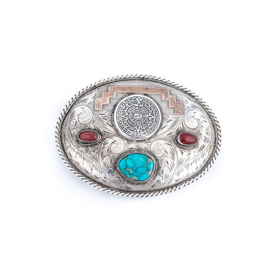 Silver Aztec Pyramid Taxco Turquoise & Fire Agate Belt Buckle - Kingdom Jewelry