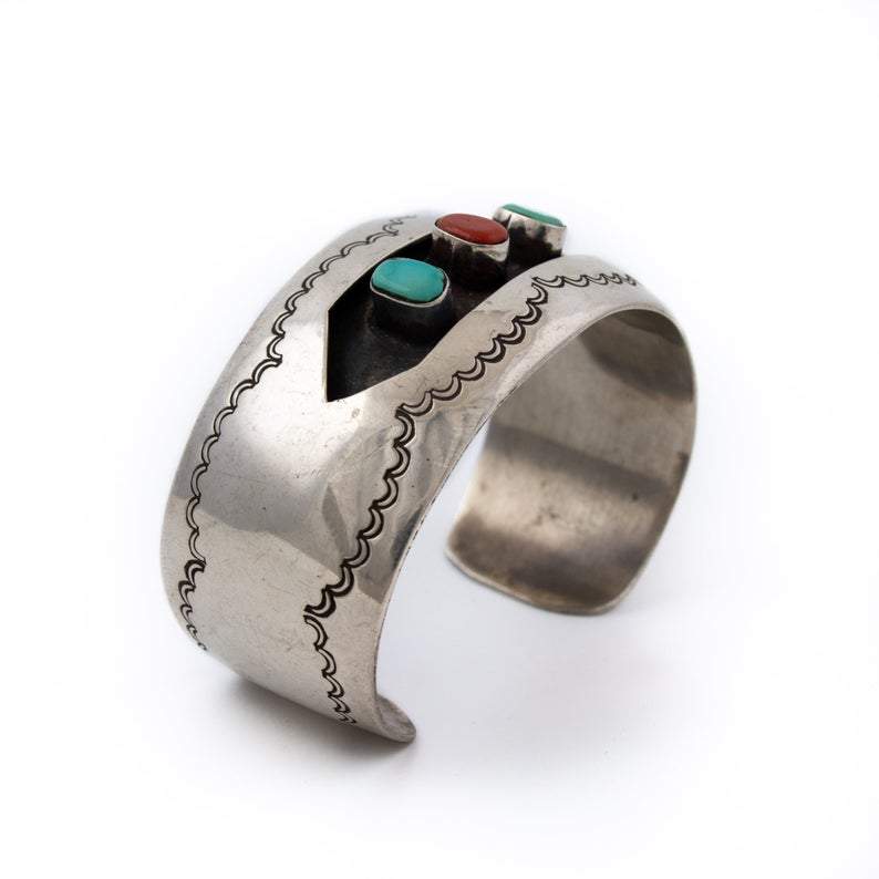 Solid 1980's Red Coral & Turquoise Shadowbox Navajo Cuff - Kingdom Jewelry