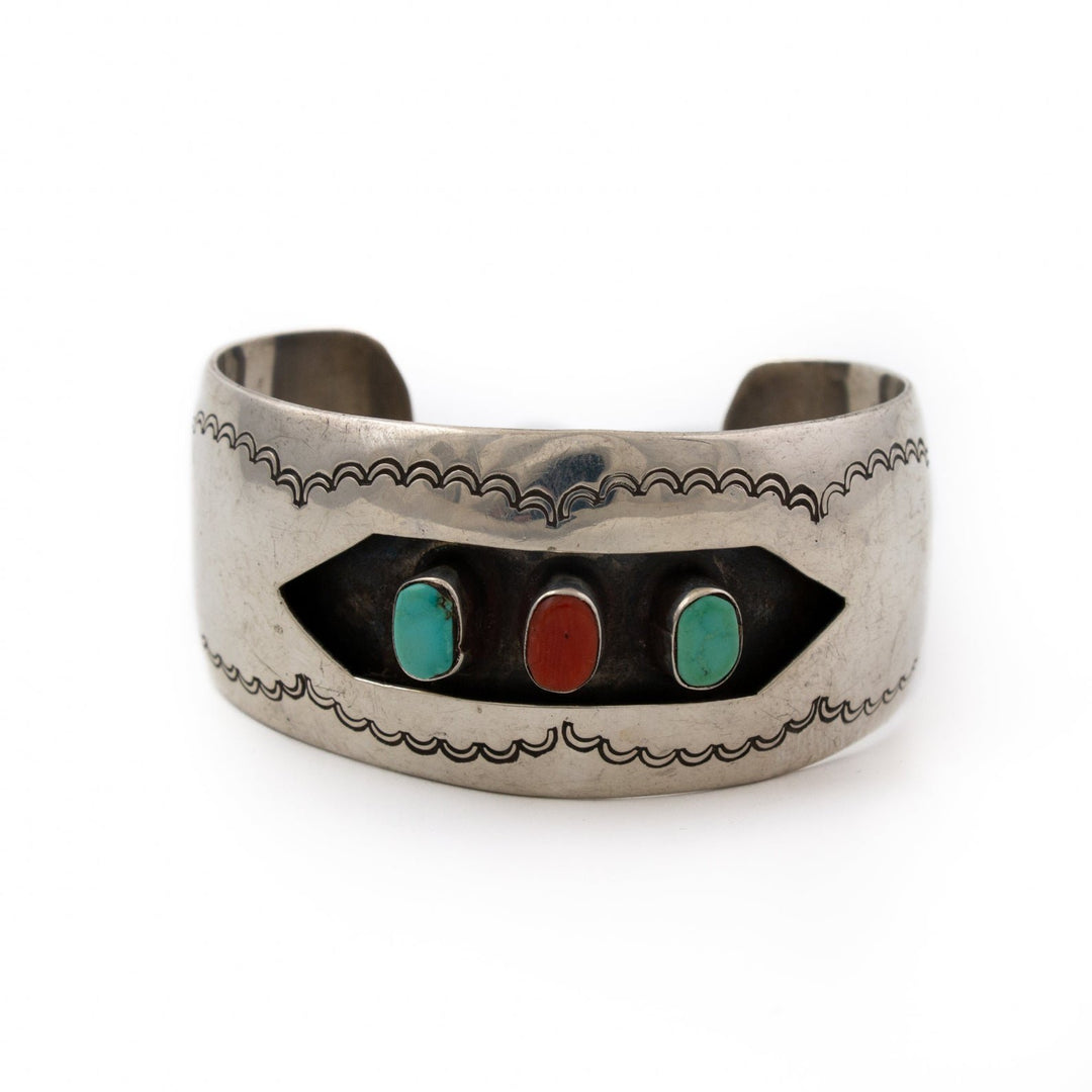 Solid 1980's Red Coral & Turquoise Shadowbox Navajo Cuff - Kingdom Jewelry