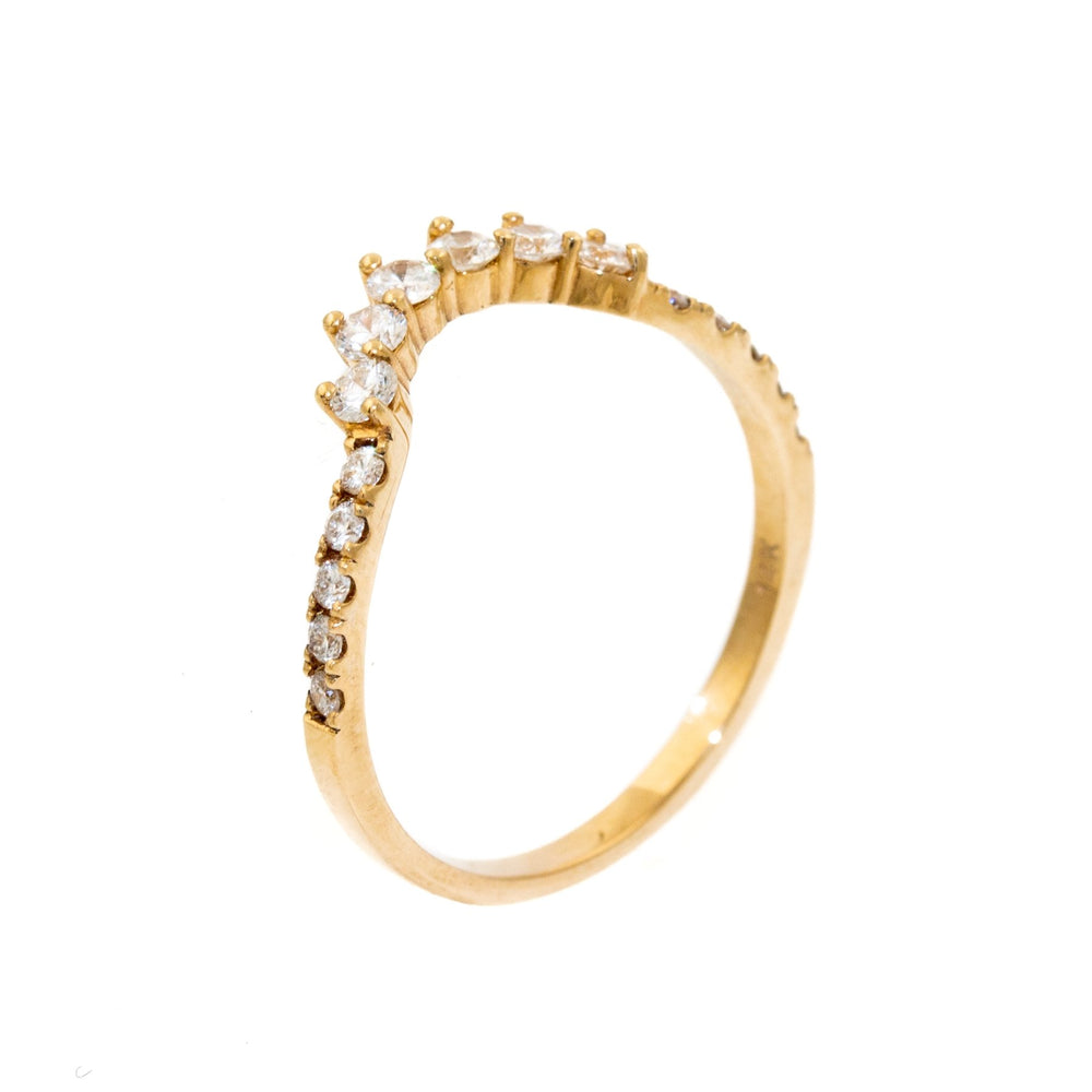 
                      
                        Gorgeous contemporary tiara style ring lined with diamonds that can be stacked with an engagement ring, creating a wedding suite, or stacked up and added to your collection!
                      
                    