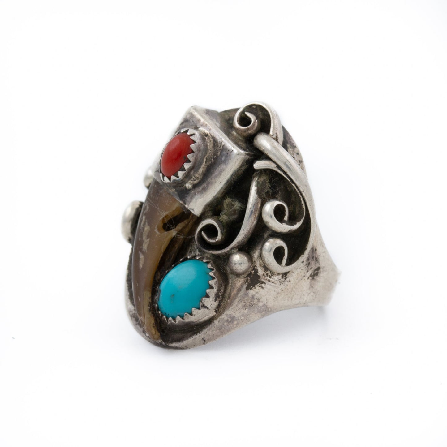 Turquoise x Red Coral Navajo Ring w/ Bear Claw - Kingdom Jewelry
