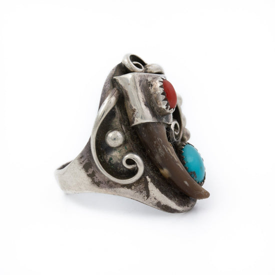 Turquoise x Red Coral Navajo Ring w/ Bear Claw - Kingdom Jewelry