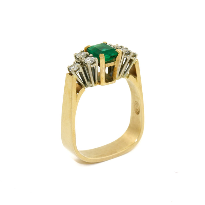 Vintage 18K Two Tone Gold Emerald + Diamond Ring - Kingdom Jewelry