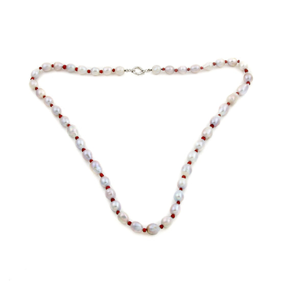 White/Silver Pearls x Italian Coral Beaded Necklace - Kingdom Jewelry